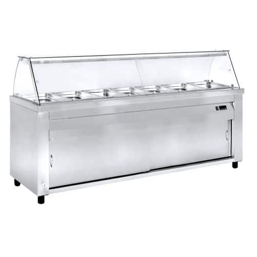 Επιδαπέδιο μπαιν μαρί βιτρίνα 80εκ.βάθος με προθήκη νερού για 7 GN 1/1, μήκους 237εκ. MM-80-237G Niki Inox.