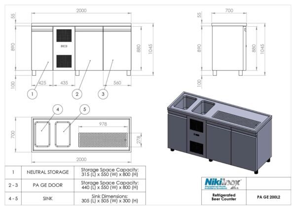 Ψυγείο πάγκος μπύρας keg cooler με 2 πόρτες και 2  γούρνες αριστερά PA-GE-200L2 με ενσωματωμένο ψυκτικό μηχάνημα Niki Inox - Image 2