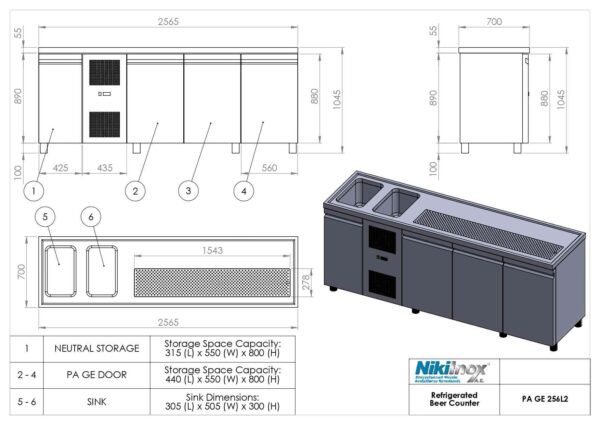 Ψυγείο πάγκος μπύρας keg cooler με 3 πόρτες και 2  γούρνες αριστερά PA-GE-257L2 με ενσωματωμένο ψυκτικό μηχάνημα, Niki Inox - Image 2