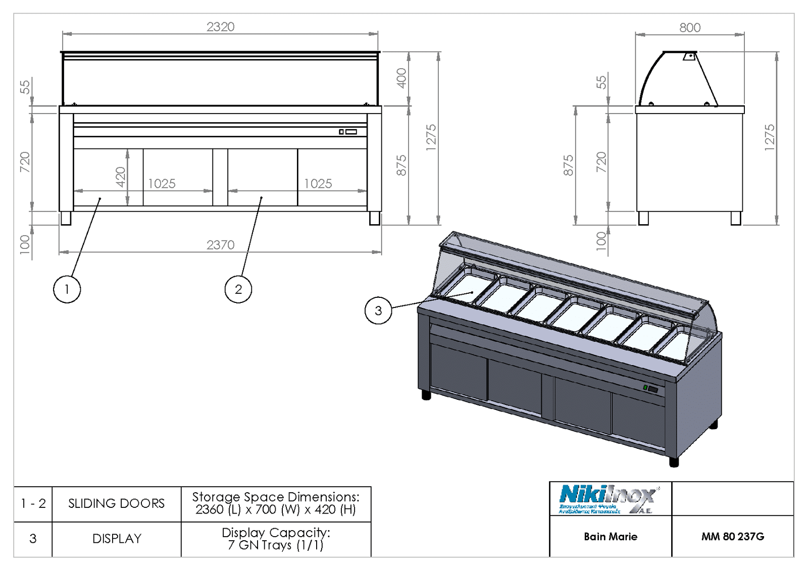 Επιδαπέδιο μπαιν μαρί βιτρίνα 80εκ.βάθος με προθήκη νερού για 7 GN 1/1, μήκους 237εκ. MM-80-237G Niki Inox. - Image 2