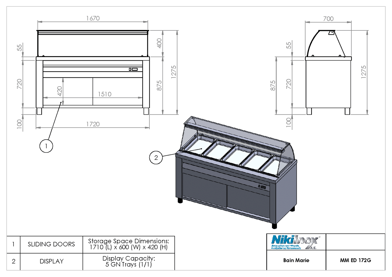 Επιδαπέδιο μπαιν μαρί βιτρίνα με προθήκη νερού για 5 GN 1/1, μήκους 172εκ. MM-ED-172G Niki Inox - Image 2