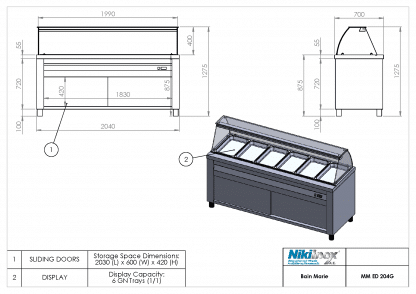 Επιδαπέδιο μπαιν μαρί βιτρίνα με προθήκη νερού για 6 GN 1/1, μήκους 204εκ. MM-ED-204G Niki Inox - Image 2