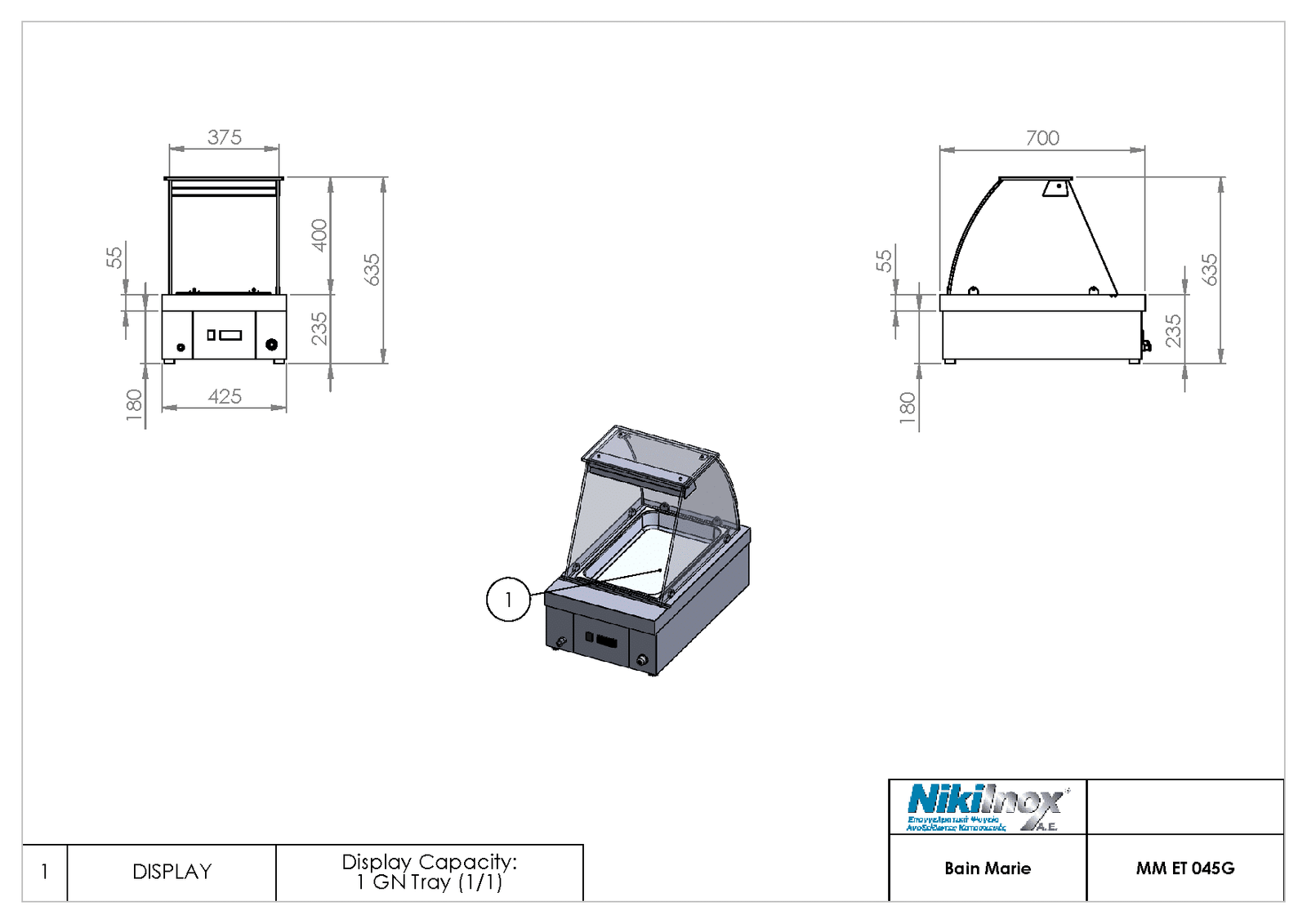Επιτραπέζιο μπαιν μαρί βιτρίνα με προθήκη νερού για 1 GN 1/1, μήκους 45εκ. MM-ET-45G Niki Inox - Image 2