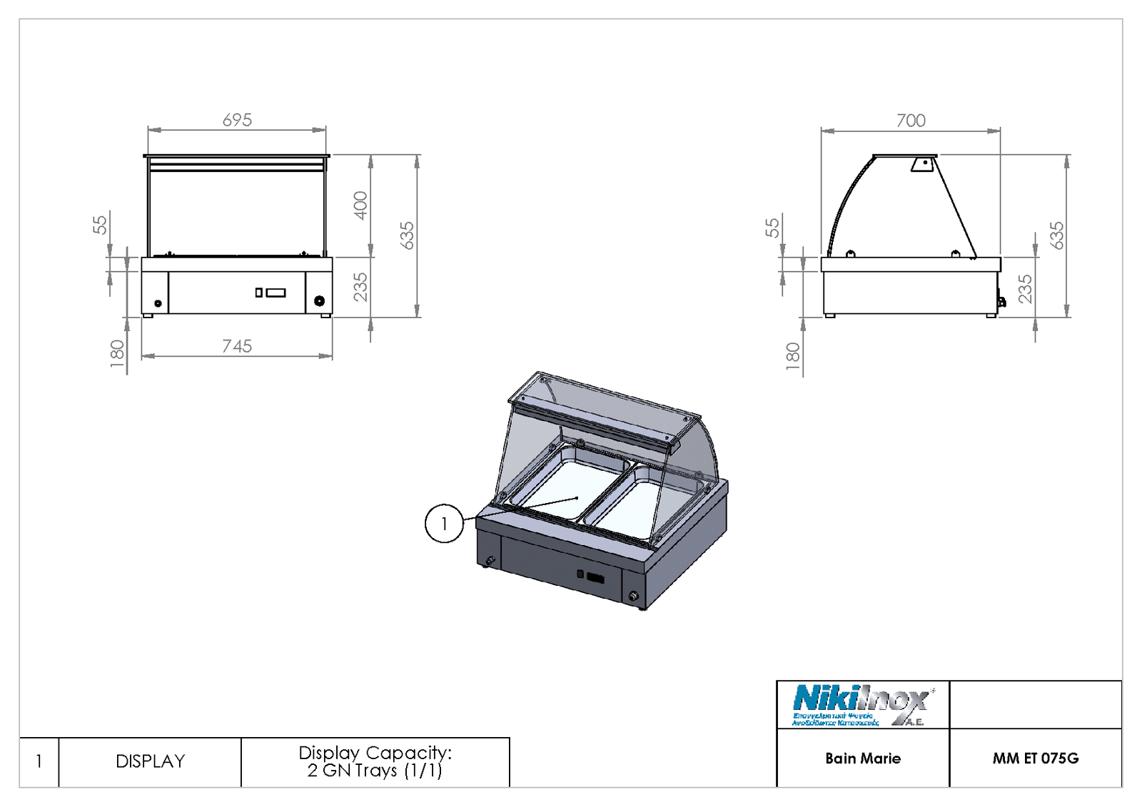 Επιτραπέζιο μπαιν μαρί βιτρίνα με προθήκη νερού για 2 GN 1/1, μήκους 75εκ. MM-ET-75G Niki Inox - Image 2