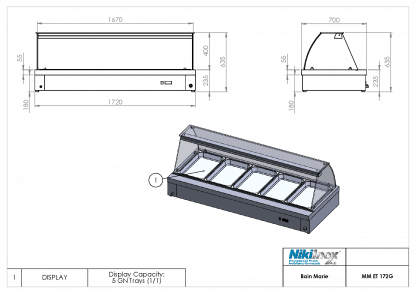 Επιτραπέζιο μπαιν μαρί βιτρίνα με προθήκη νερού για 5 GN 1/1, μήκους 172εκ. MM-ET-172G Niki Inox - Image 2