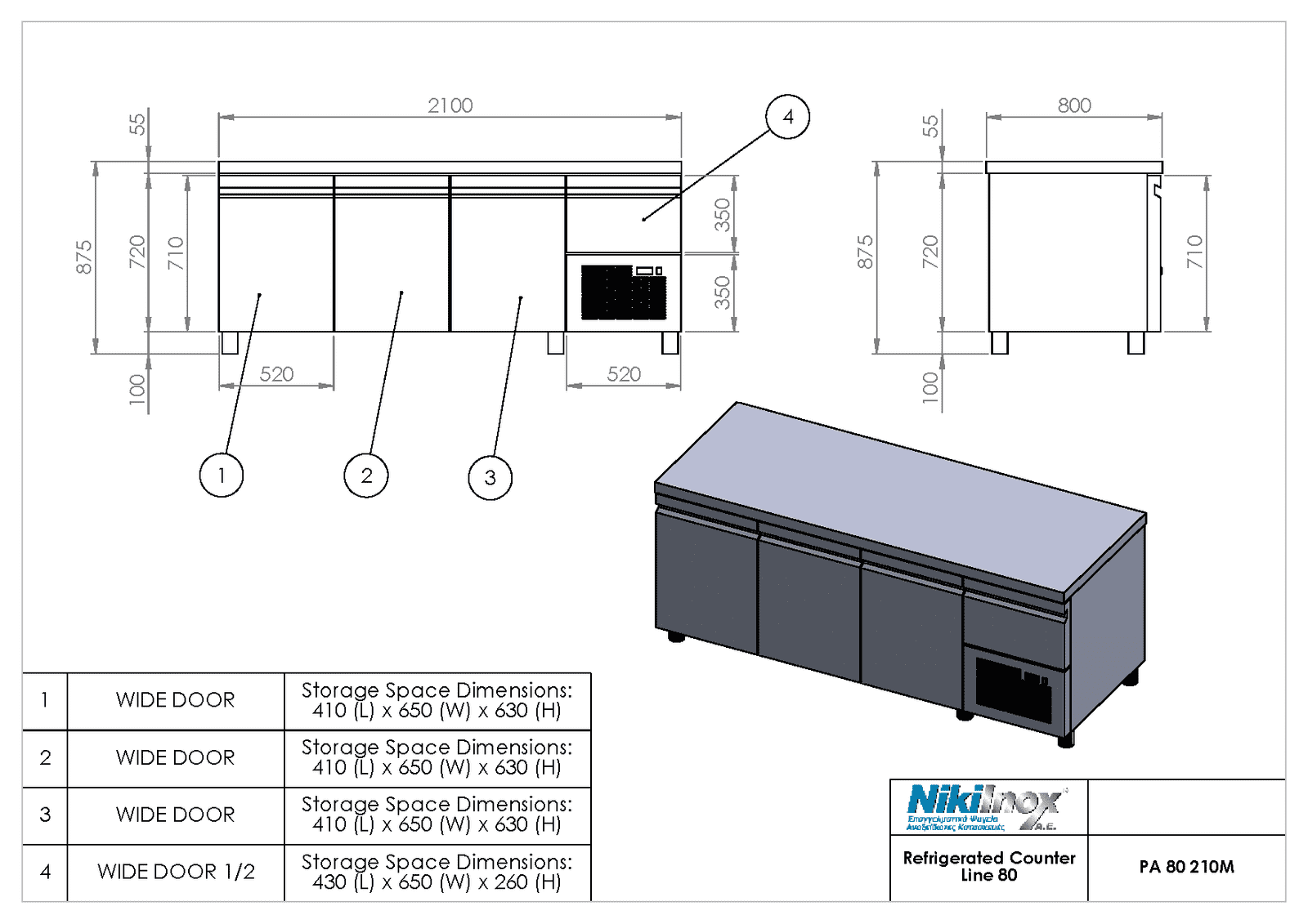 Ψυγείο πάγκος συντήρησης βάθος 80εκ. (για λαμαρίνες 60x40εκ.) με 3 μεγάλες πόρτες και ψυχώμενο χώρο επάνω από την μηχανή PA-80-210M, ενσωματωμένο ψυκτικό μηχάνημα Niki Inox - Image 2