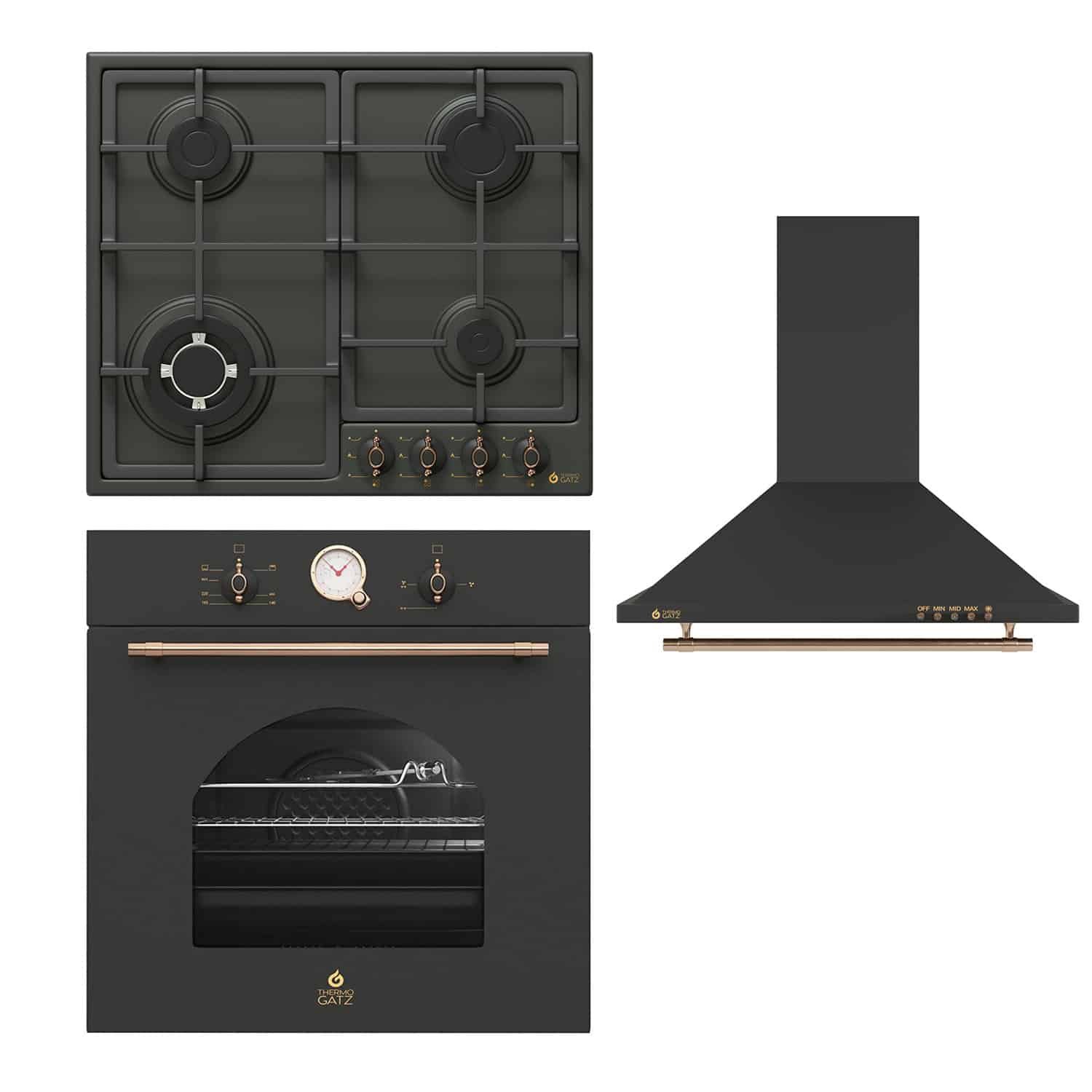 Σετ Rustic 3 εντοιχιζόμενο- φούρνος αερίου, εστίες αερίου, απορροφητήρας, Themogatz