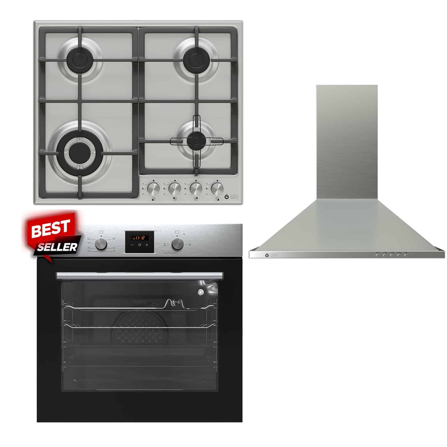 Σετ Inox 1 εντοιχιζόμενο- φούρνος αερίου, εστίες αερίου, απορροφητήρας, Themogatz