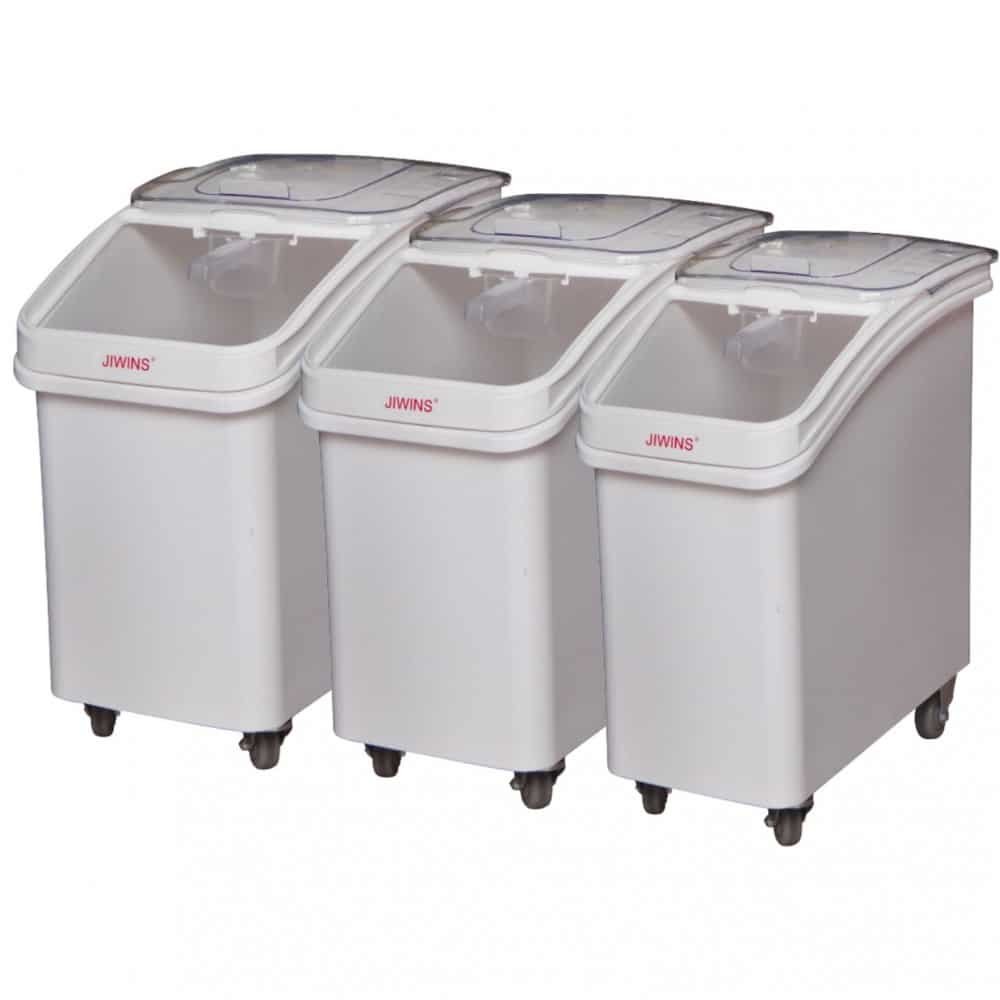 Τροχήλατο δοχείο πρώτων υλών σε λευκό χρώμα με διαφανές καπάκι